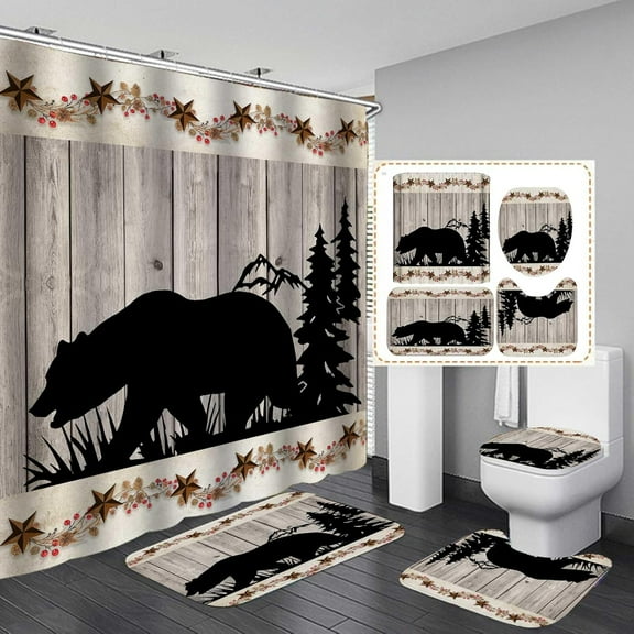 Jayden Madge 4PCS Black Bear Shower Curtain Set, Vintage Country Pine Tree Woodland Paw Print Wildlife Animals Hunting Lodge Rustic Farmhouse Bathroom Decor, Non-Slip Bath Mat, Welcome to The Cabin