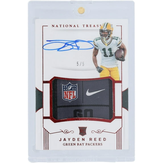 Jayden Reed Green Bay Packers Autographed 2023 Panini National Treasures Crossover Rookie Patch Autograph Laundry Tag Relic #CRPA-JRE #5/5 Rookie Card - Fanatics Authentic Certified