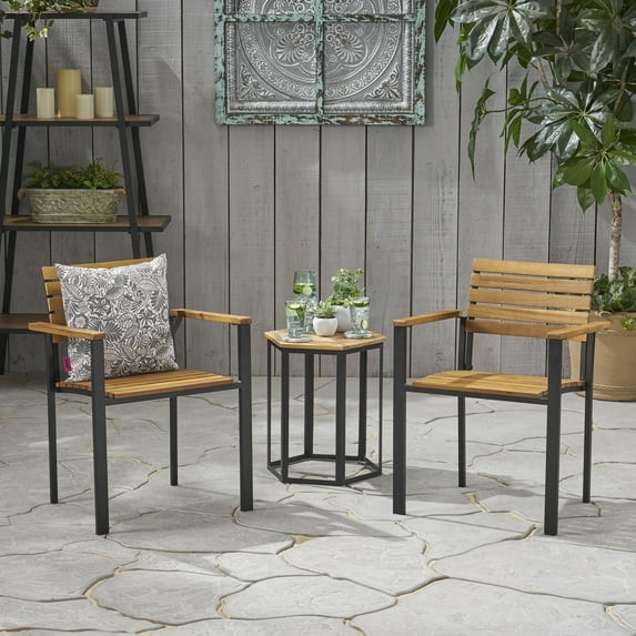 Jaylah Outdoor Wood and Iron Dining Chairs, Set of 2, Teak and Black
