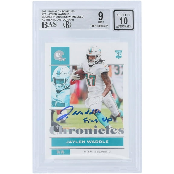 Jaylen Waddle Miami Dolphins Autographed 2021 Panini Chronicles #76 Beckett Fanatics Witnessed Authenticated 9/10 Rookie Card with "Fins Up" Inscription - Fanatics Authentic Certified