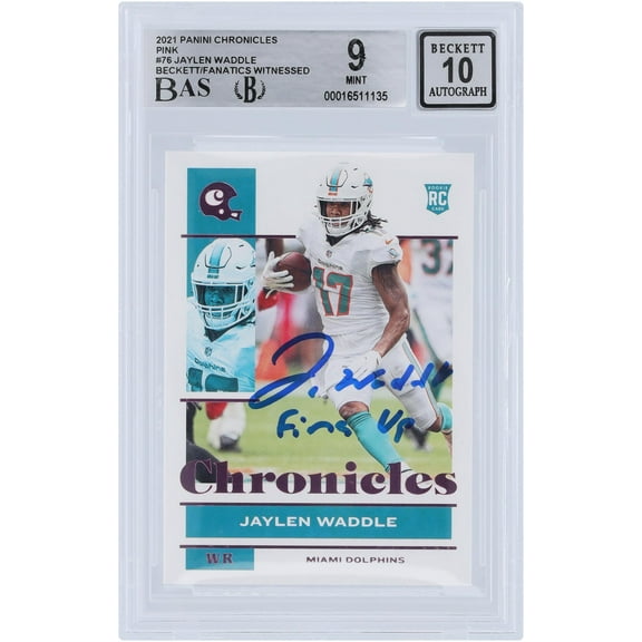 Jaylen Waddle Miami Dolphins Autographed 2021 Panini Chronicles Pink #76 Beckett Fanatics Witnessed Authenticated 9/10 Rookie Card with "Fins Up" Inscription - Fanatics Authentic Certified