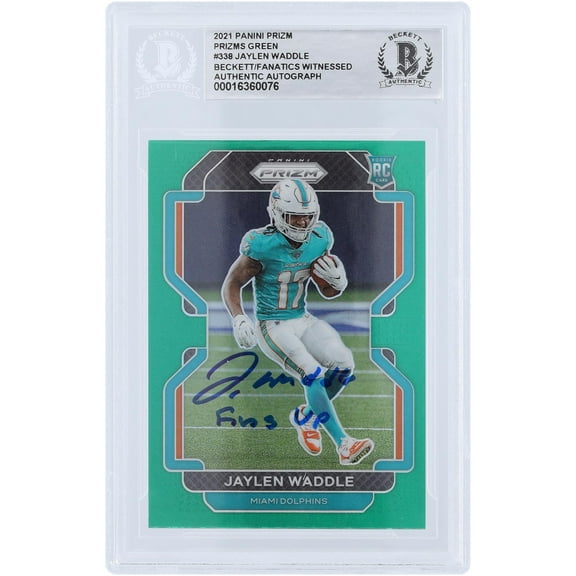 Jaylen Waddle Miami Dolphins Autographed 2021 Panini Prizm Green Prizm #338 Beckett Fanatics Witnessed Authenticated Rookie Card with "Fins Up" Inscription - Fanatics Authentic Certified