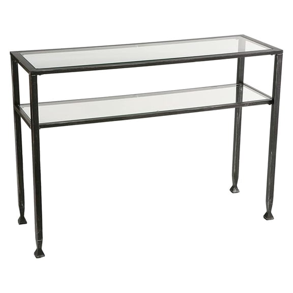 Jaymes Metal & Glass 2-Tier Table, 2 Shelf Console, Black/Silver Distressing