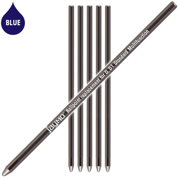 Jaymo Replacement for Cross 8518-6 and Schmidt 635 - Measures 2.625 in / 67 mm Long - D (D1) Standard Multifunction Mini Ballpoint Pen Refill - 6 Blue