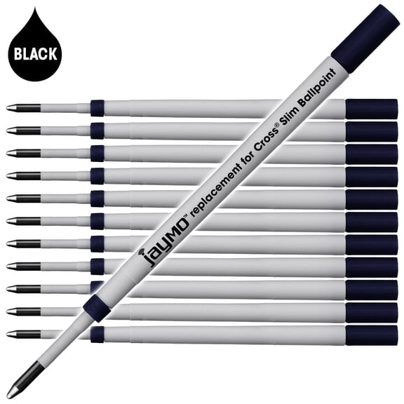 Jaymo Replacement for Cross Slim 8783 - Measures 4 in / 102 mm Long - Ballpoint Pen Refill - 12 Black