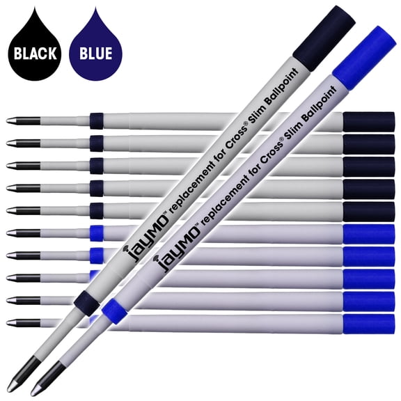 Jaymo Replacement for Cross Slim 8783 - Measures 4 in / 102 mm Long - Ballpoint Pen Refill - 6 Black + 6 Blue