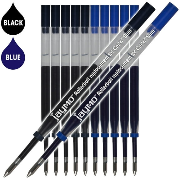 Jaymo Replacement for Cross Slim 8910 - Measures 4 in / 102 mm Long - Gel Rolling Ball Pen Refill - 6 Black + 6 Blue