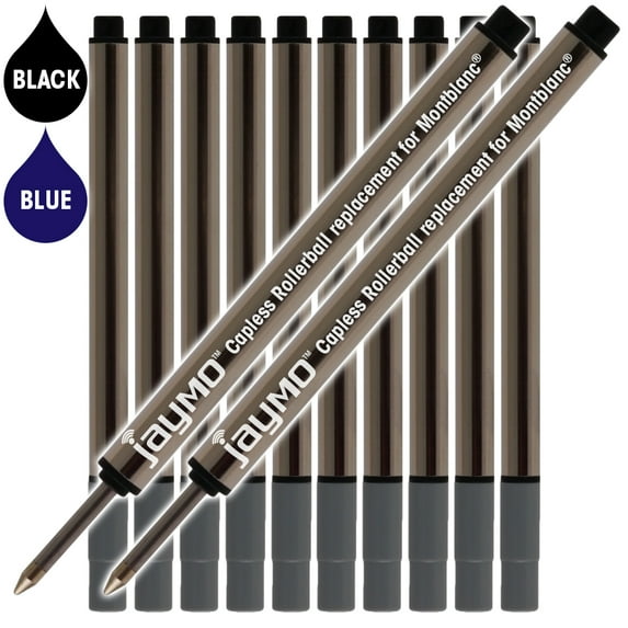 Jaymo Replacement for Montblanc 113777/113778 - Measures 3.84 in / 97 mm Long - Capless Rollerball Pen Refill - 6 Black + 6 Blue