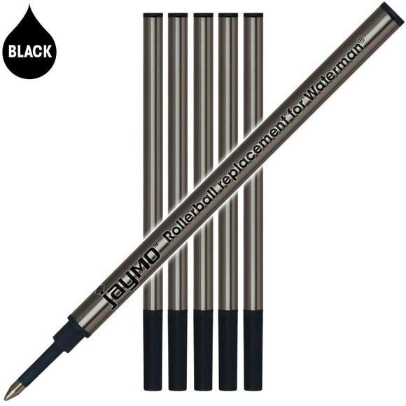 Jaymo Replacement for Waterman 540951 - Measures 4.3 in / 109 mm Long - Rollerball Pen Refill - 6 Black