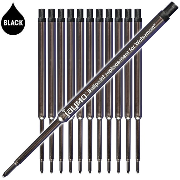 Jaymo Replacement for Waterman 834254 - Measures 4.4 in / 112 mm Long - Ballpoint Pen Refill - 12 Black