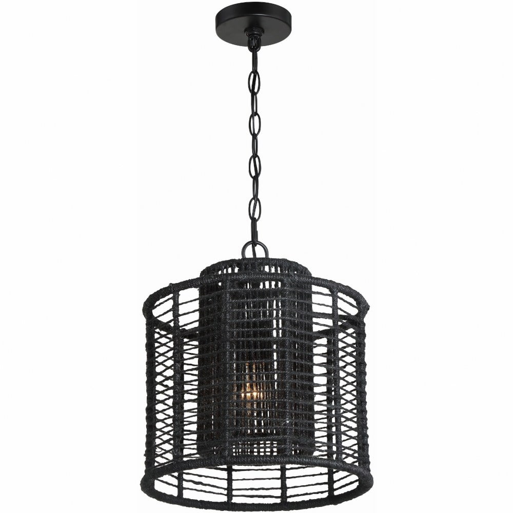 Matte Black Crystal Drum Pendant with Filigree Detail