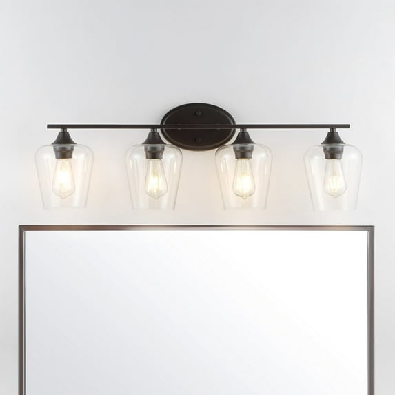 JONATHAN Y Jayne 32" 4-Light Iron/Seeded Glass Cottage Rustic LED Vanity Light, Oil Rubbed Bronze