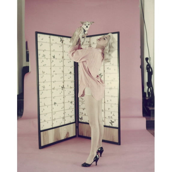 Jayne Mansfield Holding Dog In Front Of Screen Outfit Only Heels 24X36 Classic Hollywood Poster