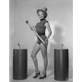 thumbnail image 1 of Jayne Mansfield Posed in Black One Piece Velvet Sexy Suit and Black Waist Belt with Hands Holding a Wood Baton and Right Foot Forward in Black High Heel Sandals Photo Print (24 x 30), 1 of 1