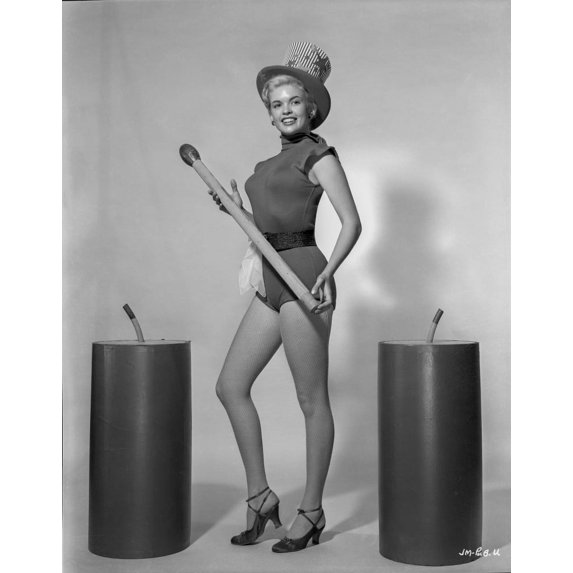 Jayne Mansfield Posed in Black One Piece Velvet Sexy Suit and Black Waist Belt with Hands Holding a Wood Baton and Right Foot Forward in Black High Heel Sandals Photo Print (24 x 30)