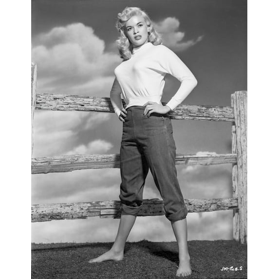 Jayne Mansfield Posed in White Round Neck Long Sleeve Tweed Shirt and Black Linen Rolled Bottom Long Pants with Hands on the Waist Photo Print (8 x 10)