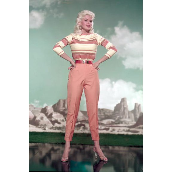 Jayne Mansfield posing by studio mountain scenery backdrop 24x36 Poster