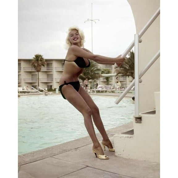 Jayne Mansfield shapely black bikini poses Beverly Hills Hotel pool 8x10 photo