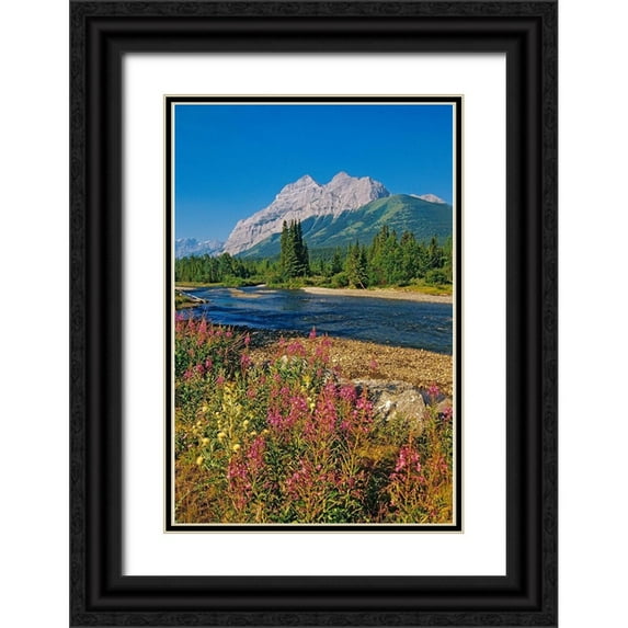 Jaynes Gallery 11x14 Black Ornate Wood Framed with Double Matting Museum Art Print Titled - Canada-Alberta-Kananaskis Country Landscape with mountain-stream and fireweed flowers