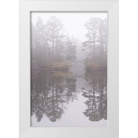 Jaynes Gallery 11x14 White Modern Wood Framed Museum Art Print Titled - USA-New Jersey-Pine Barrens National Preserve Foggy forest landscape and bridge reflect in lake