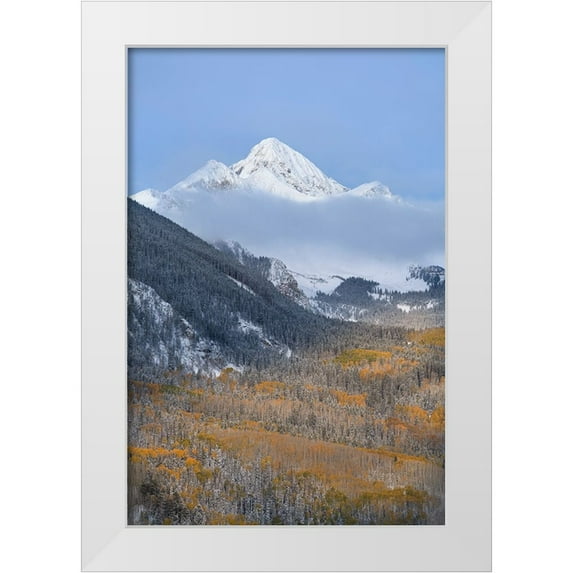 Jaynes Gallery 13x18 White Modern Wood Framed Museum Art Print Titled - USA-Colorado-Uncompahgre National Forest Autumn sunrise on Wilson Peak and snowy forest in valley