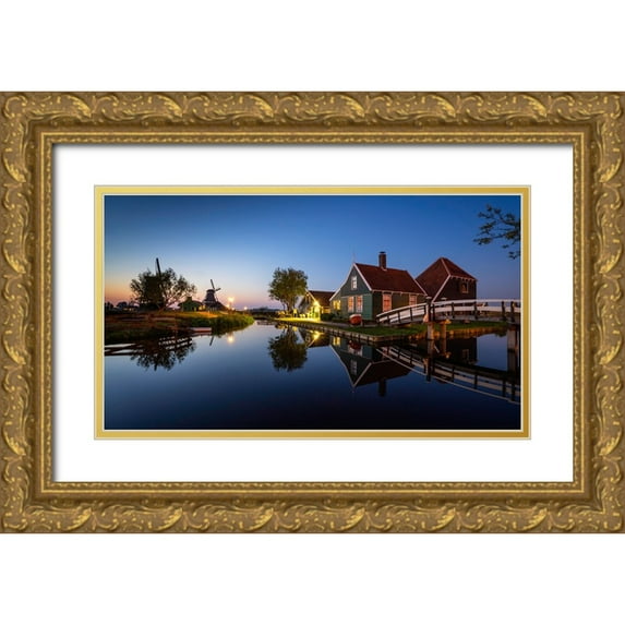 Jaynes Gallery 14x10 Gold Ornate Wood Framed with Double Matting Museum Art Print Titled - Europe-The Netherlands-Zaandam-Zaanse Schans at sunset