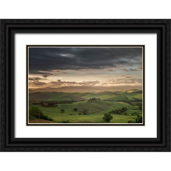 Jaynes Gallery 14x11 Black Ornate Wood Framed with Double Matting Museum Art Print Titled - Europe-Italy-Tuscany-Val d Orcia-Belvedere farmhouse at sunrise