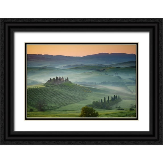 Jaynes Gallery 14x11 Black Ornate Wood Framed with Double Matting Museum Art Print Titled - Europe-Italy-Tuscany-Val d Orcia-Belvedere farmhouse at sunrise