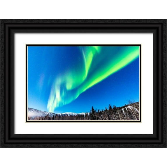 Jaynes Gallery 14x11 Black Ornate Wood Framed with Double Matting Museum Art Print Titled - Alaska Northern lights auroras over mountains