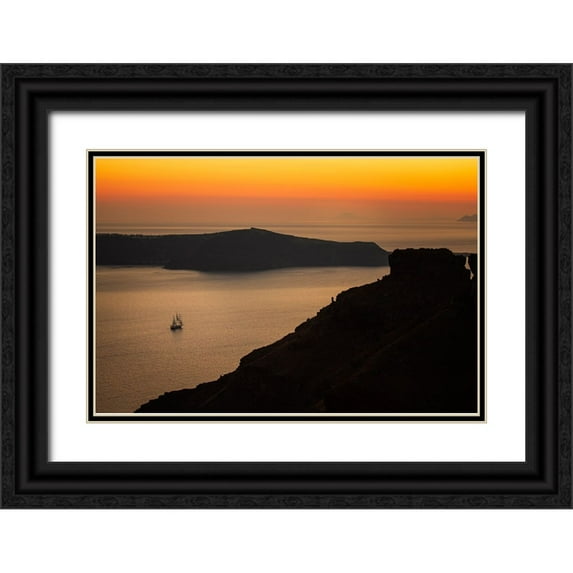 Jaynes Gallery 14x11 Black Ornate Wood Framed with Double Matting Museum Art Print Titled - Europe-Greece-Santorini-Sunset on sailboat