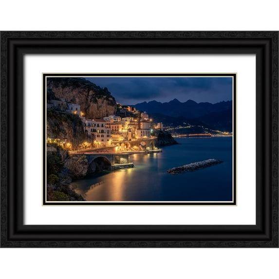 Jaynes Gallery 14x11 Black Ornate Wood Framed with Double Matting Museum Art Print Titled - Europe-Italy-Atrani-Sunset on town and Amalfi Coast