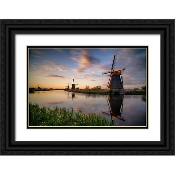 Jaynes Gallery 14x11 Black Ornate Wood Framed with Double Matting Museum Art Print Titled - Europe-The Netherlands-Kinderdijk windmills at sunset