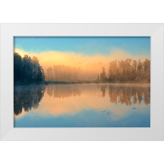 Jaynes Gallery 14x11 White Modern Wood Framed Museum Art Print Titled - Canada-Ontario-Kenora Fog at sunrise on Isabel Lake