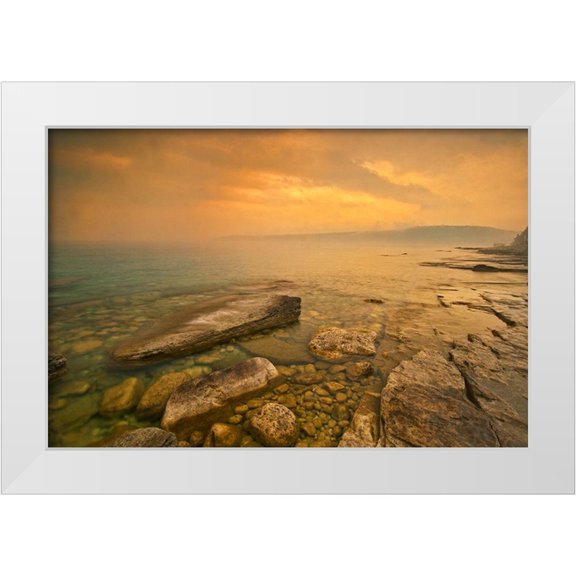 Jaynes Gallery 14x11 White Modern Wood Framed Museum Art Print Titled - Canada-Ontario-Morning fog on Georgian Bay Limestone Rock Barrow Bay Bruce Peninsula