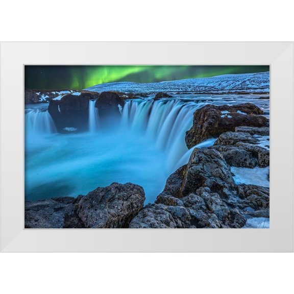 Jaynes Gallery 14x11 White Modern Wood Framed Museum Art Print Titled - Iceland Aurora borealis and the Godafoss Waterfall