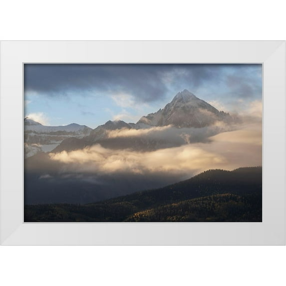 Jaynes Gallery 14x11 White Modern Wood Framed Museum Art Print Titled - USA-Colorado-Uncompahgre National Forest Sunrise on clouds below Mount Sneffels