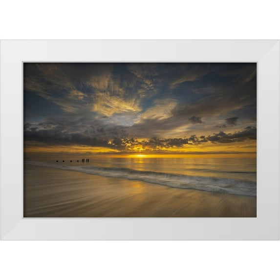 Jaynes Gallery 14x11 White Modern Wood Framed Museum Art Print Titled - USA-New Jersey-Cape May National Seashore Sunrise on pier posts on ocean shore