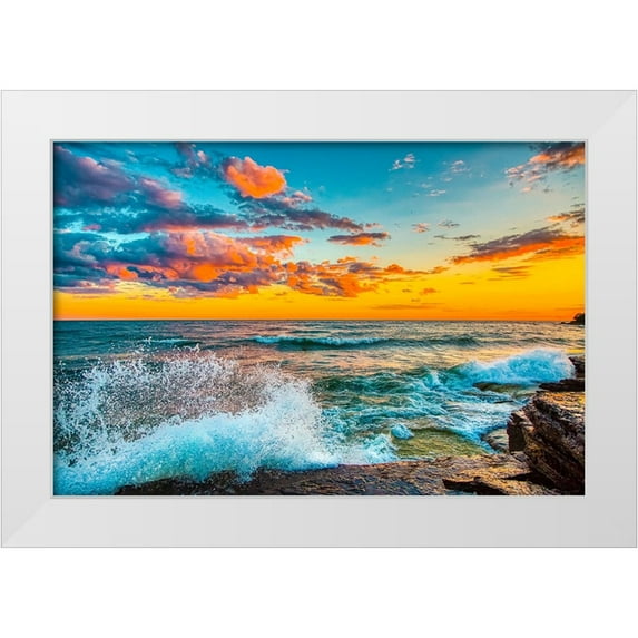 Jaynes Gallery 14x11 White Modern Wood Framed Museum Art Print Titled - USA-New York-Lake Ontario Sunset waves on rocky shoreline