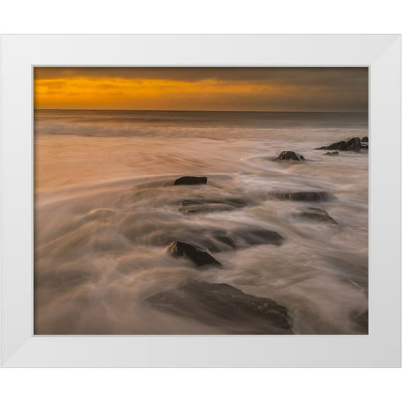 Jaynes Gallery 14x12 White Modern Wood Framed Museum Art Print Titled - USA-New Jersey-Cape May National Seashore Sunrise on rocky shoreline