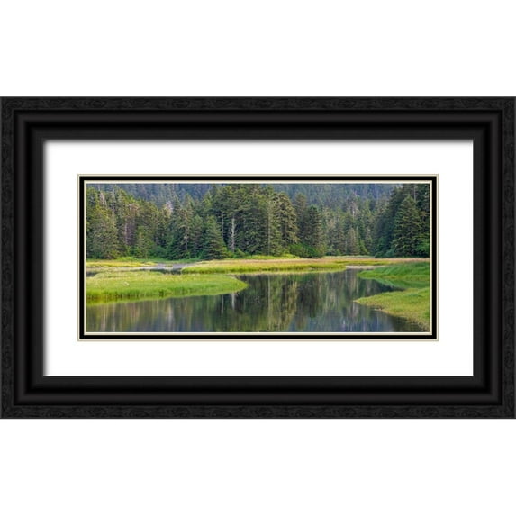 Jaynes Gallery 14x8 Black Ornate Wood Framed with Double Matting Museum Art Print Titled - Alaska Panoramic of meadow at high tide in Tongass National Forest