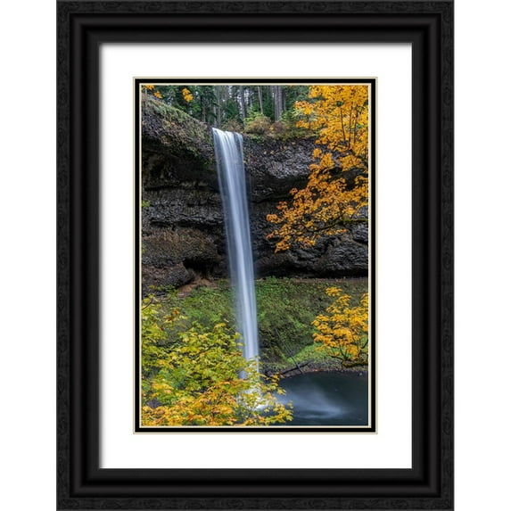 Jaynes Gallery 17x24 Black Ornate Wood Framed with Double Matting Museum Art Print Titled - USA-Oregon-Silver Falls State Park Tall waterfall and forest in autumn
