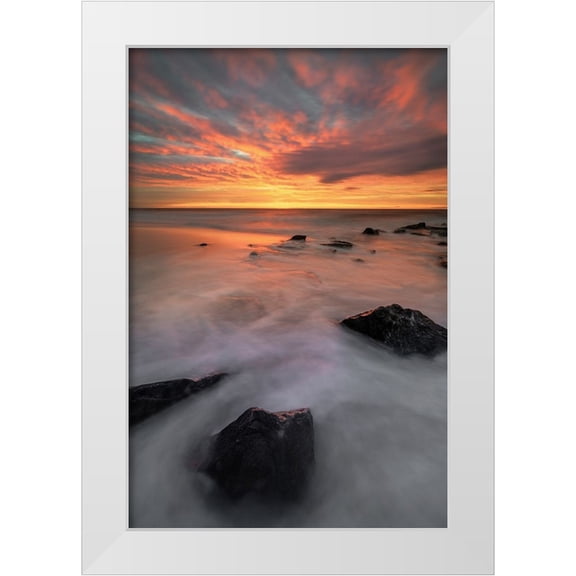 Jaynes Gallery 17x24 White Modern Wood Framed Museum Art Print Titled - USA-New Jersey-Cape May National Seashore-Sunrise on rocky shore and ocean