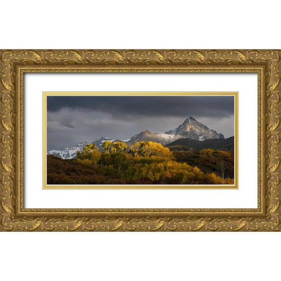 Jaynes Gallery 18x11 Gold Ornate Wood Framed with Double Matting Museum Art Print Titled - USA-Colorado-Uncompahgre National Forest Panoramic of sunset on aspen forest below Mt Sneffels