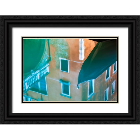 Jaynes Gallery 18x13 Black Ornate Wood Framed with Double Matting Museum Art Print Titled - Europe-Italy-Venice-reflections of gondola and buildings in still canal