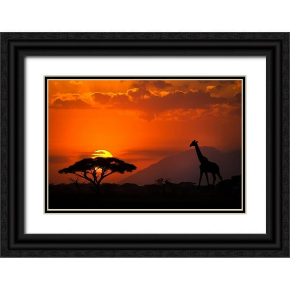 Jaynes Gallery 18x13 Black Ornate Wood Framed with Double Matting Museum Art Print Titled - Kenya-Amboseli National Park Abstract sunset with giraffe and acacia tree silhouettes