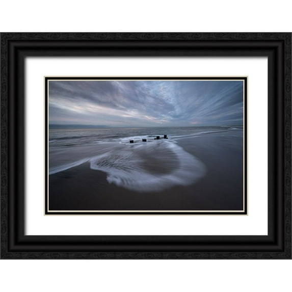 Jaynes Gallery 18x13 Black Ornate Wood Framed with Double Matting Museum Art Print Titled - USA-New Jersey-Cape May National Seashore Pier stumps on cloudy seashore sunrise