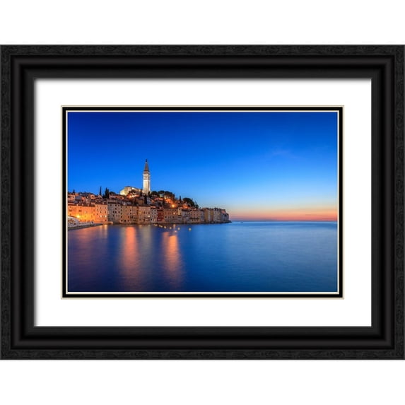 Jaynes Gallery 18x13 Black Ornate Wood Framed with Double Matting Museum Art Print Titled - Europe-Croatia-Rovinj-Ocean view of town at sunset