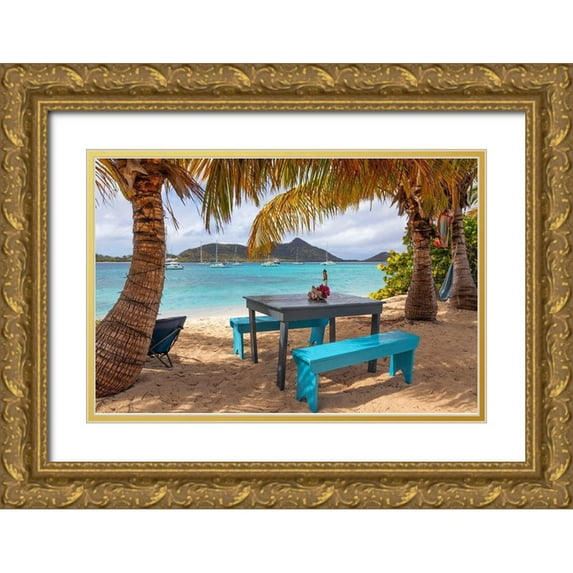 Jaynes Gallery 18x13 Gold Ornate Wood Framed with Double Matting Museum Art Print Titled - Caribbean-Grenada-Sandy Island Picnic table and hammock on beach