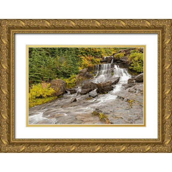 Jaynes Gallery 18x13 Gold Ornate Wood Framed with Double Matting Museum Art Print Titled - USA-Montana-Glacier National Park Lunch Creek cascades scenic