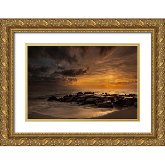 Jaynes Gallery 18x13 Gold Ornate Wood Framed with Double Matting Museum Art Print Titled - USA-New Jersey-Cape May National Seashore Cloudy sunset on seashore